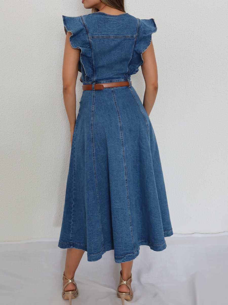 Women's Ruffle Trim Denim Midi Dress