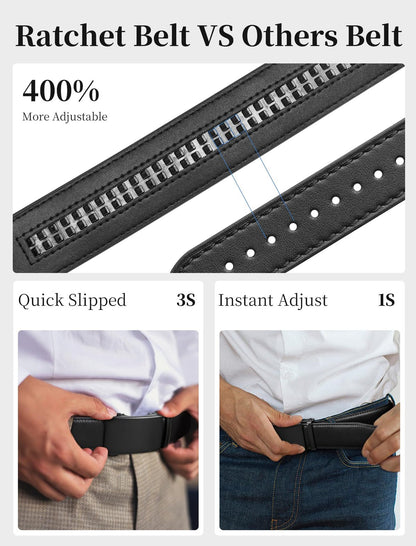 Men's Adjustable Buckle Leather Ratchet Belt, Trim to Fit