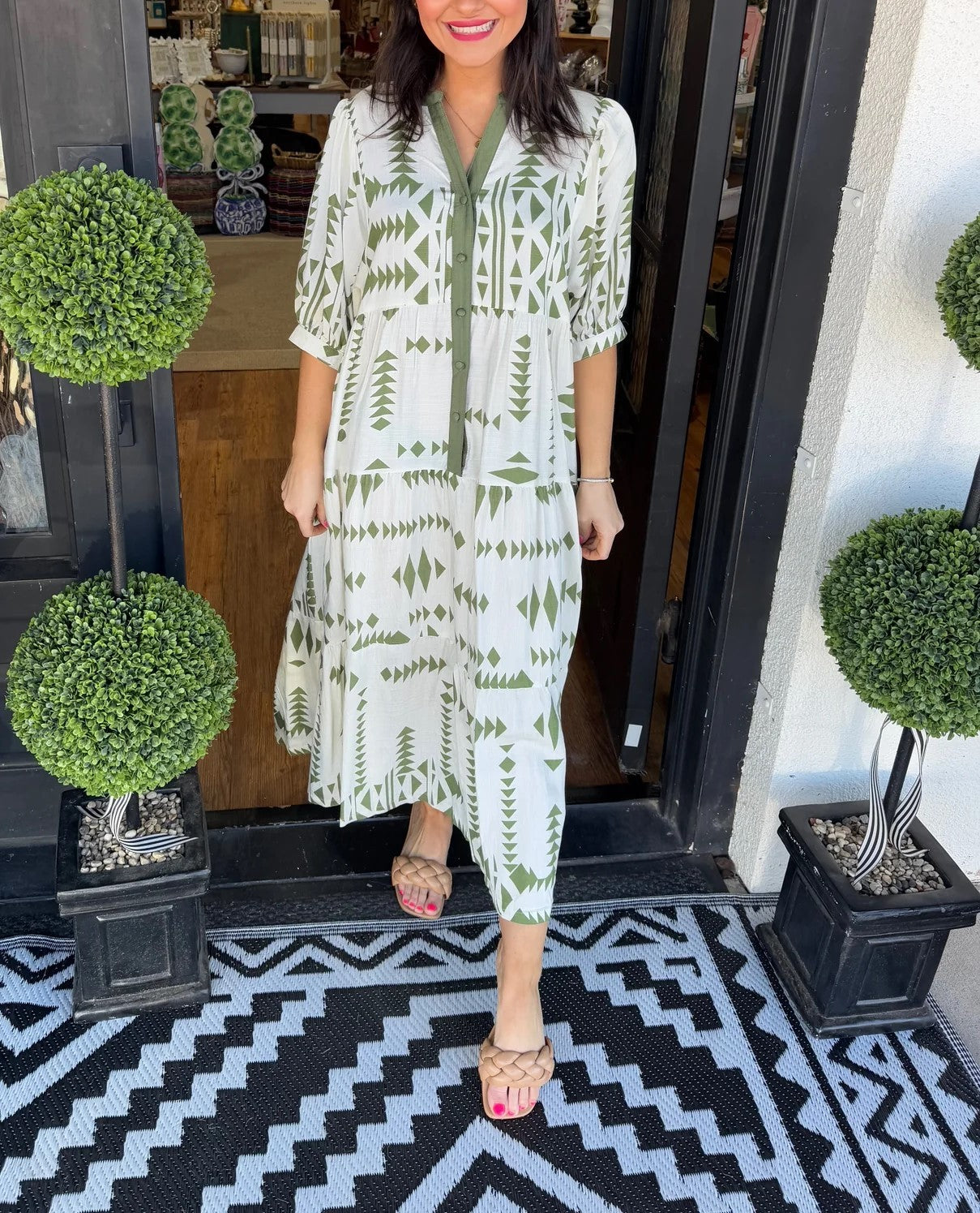 Women's Button V Neck Geometric Print Dress