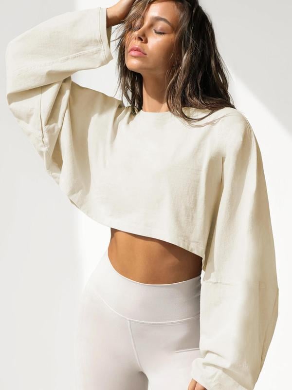 Women Long Sleeve Cropped Sweatshirt Oversized Crew Neck Workout Tops