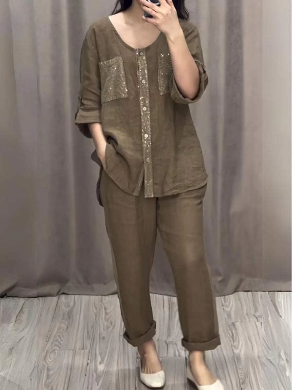 Sequined Round Neck Mid-sleeve Two-piece Suit