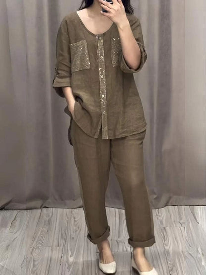 Sequined Round Neck Mid-sleeve Two-piece Suit