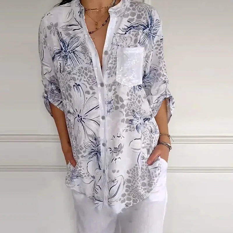 Women’s Stand Floral Collar Printed Shirt