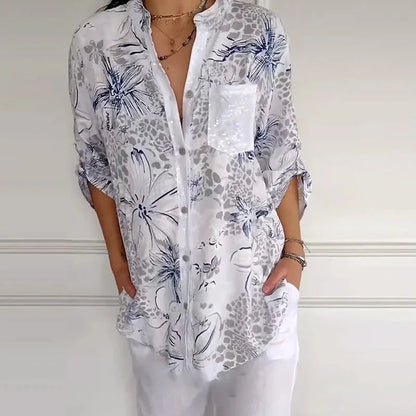 Women’s Stand Floral Collar Printed Shirt