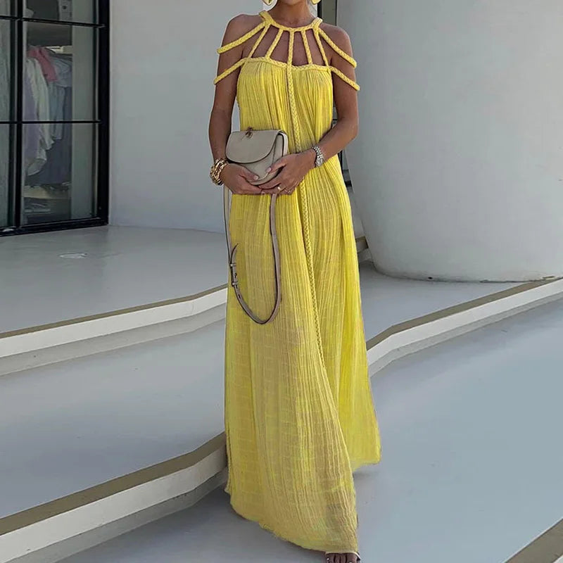 Modern and Sophisticated Linen Blend Draped Braids Cover Up Maxi Dress