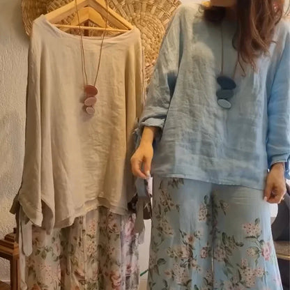 💥Women's Loose Fit Blouse & Floral Printed Wide-Leg Pants Set