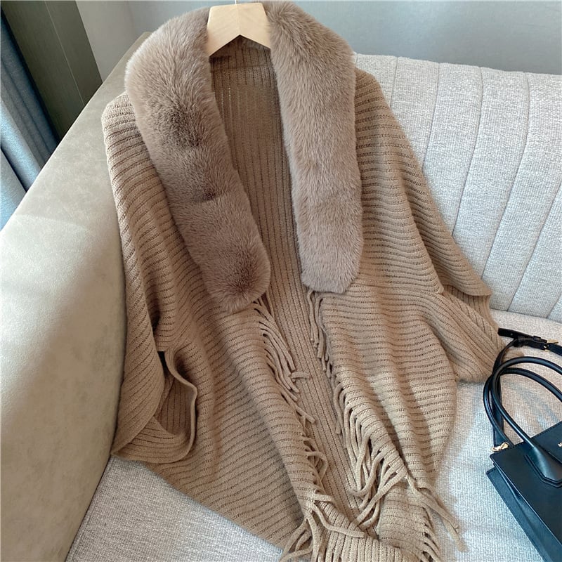 🔥Winter Knit Fringe Fur Collar Shawl