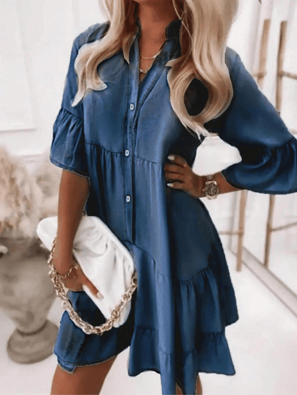 👗V-Neck Ruffle Trim Summer Dress – Lightweight Denim Look