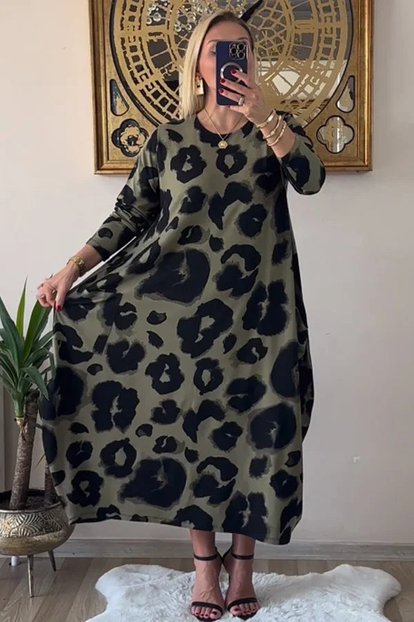 Leopard print Crew Neck Long Sleeve Dress