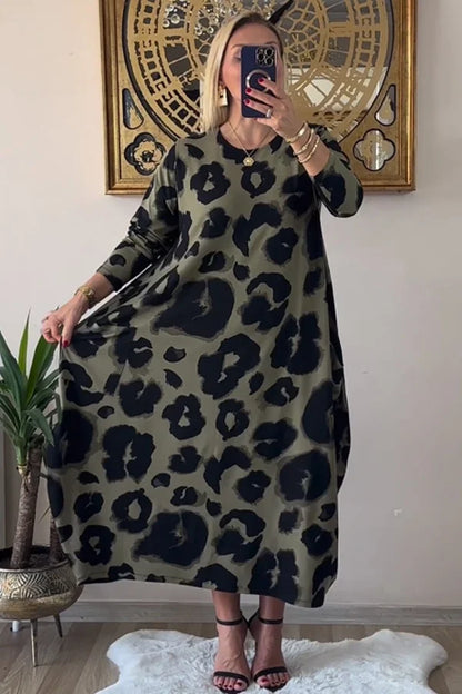 Leopard print Crew Neck Long Sleeve Dress