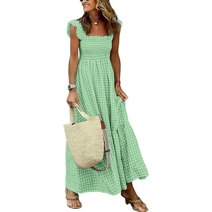 ✨Women's Retro Plaid Smocked Dress Spaghetti Strap Flounce Long Dress