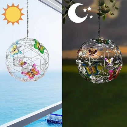 Solar Lighted Hanging Mesh Orb with Colorful Butterflies