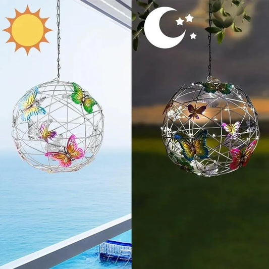 Solar Lighted Hanging Mesh Orb with Colorful Butterflies