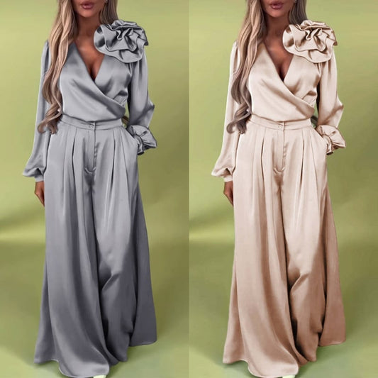 🌸NEW HOT SALE✨Effortless Elegance!💃Women’s V-Neck Top & Wide-Leg Pants 2-Piece Set – Chic & Comfortable!🌸