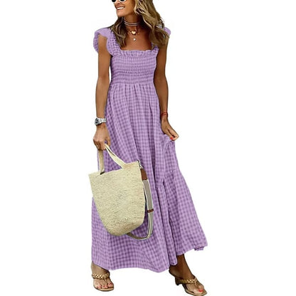 ✨Women's Retro Plaid Smocked Dress Spaghetti Strap Flounce Long Dress