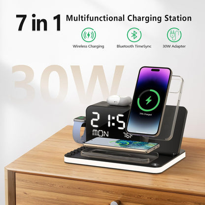 7 in 1 Charging Station with Clock, Wireless Charger with Night Light