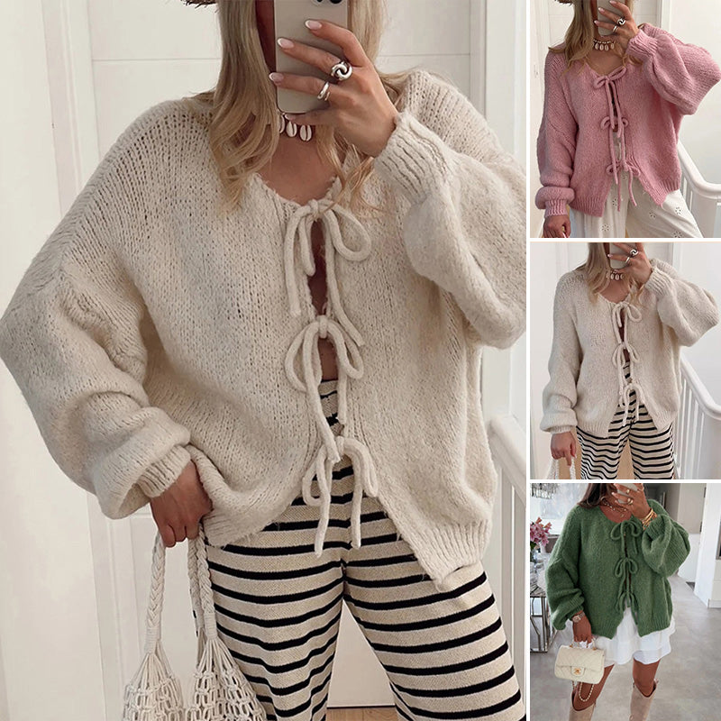 Women's Solid Color Tie Neck Drop Shoulder Cardigan