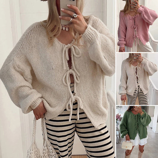 Women's Solid Color Tie Neck Drop Shoulder Cardigan