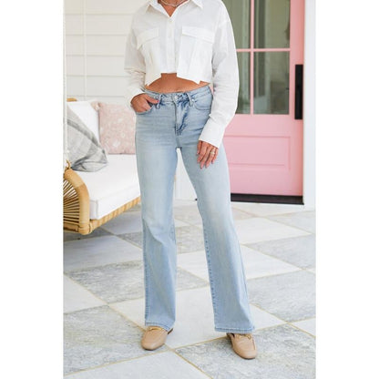 🏆LAST DAY SALE 50% OFF💥Plus Size Vintage Wash Tummy Control Stretchy Top Straight Leg Jeans
