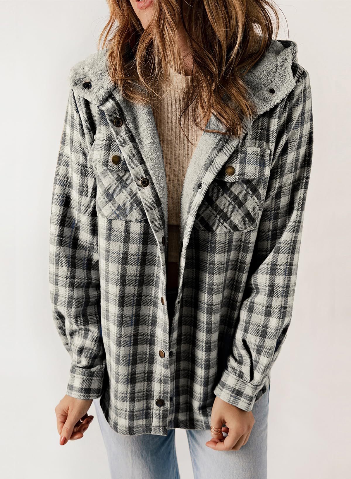Women's Fall Thickened Flannel Long Sleeve Plaid Jacket Coat with Hood