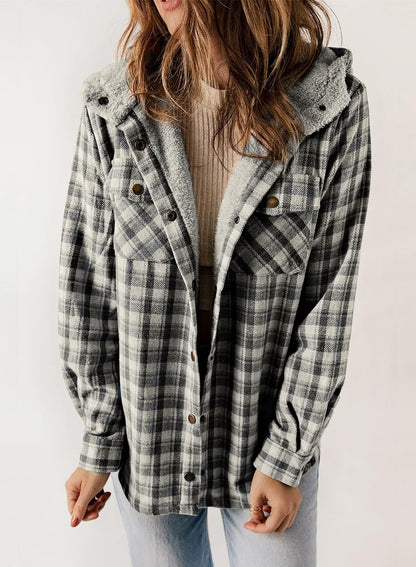 Women's Fall Thickened Flannel Long Sleeve Plaid Jacket Coat with Hood