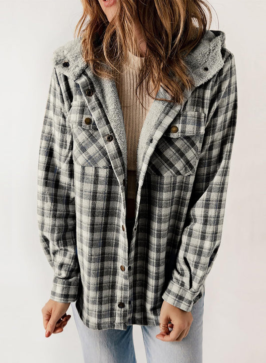 Women's Fall Thickened Flannel Long Sleeve Plaid Jacket Coat with Hood