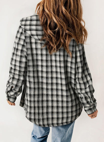 Women's Fall Thickened Flannel Long Sleeve Plaid Jacket Coat with Hood