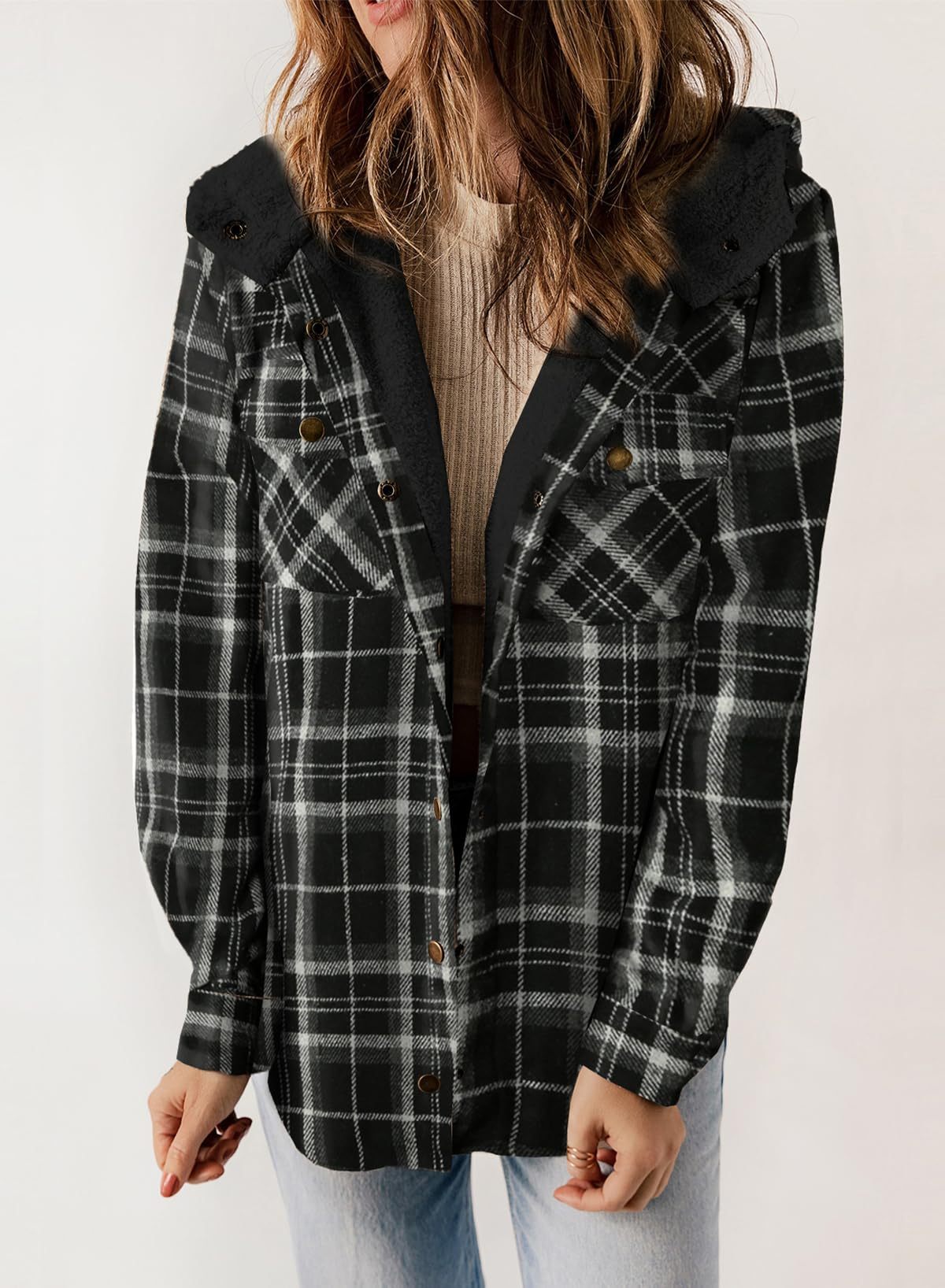 Women's Fall Thickened Flannel Long Sleeve Plaid Jacket Coat with Hood