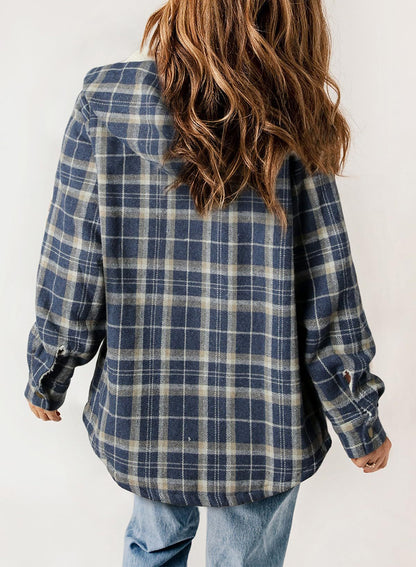 Women's Fall Thickened Flannel Long Sleeve Plaid Jacket Coat with Hood