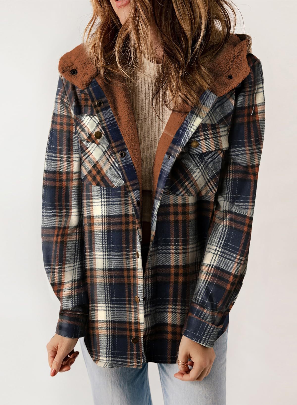 Women's Fall Thickened Flannel Long Sleeve Plaid Jacket Coat with Hood
