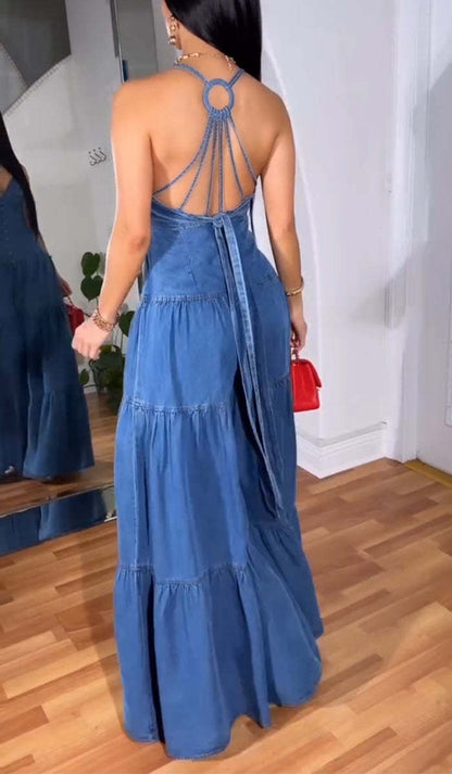 Sexy Halterneck Sleeveless Denim Dress