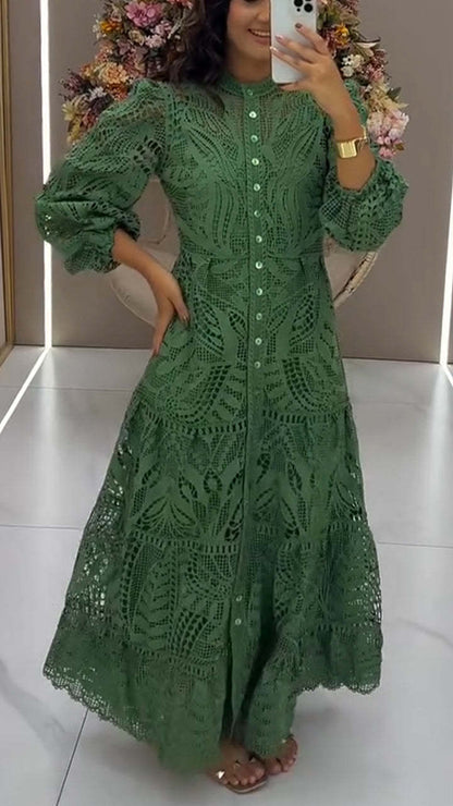 Women's Round Neck Printed Hollow Casual Dress