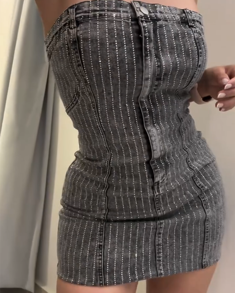Rhinestone-Studded Tube-Top Denim Dress