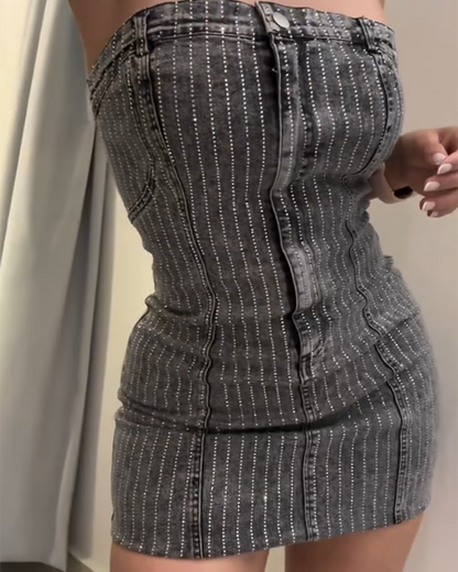 Rhinestone-Studded Tube-Top Denim Dress