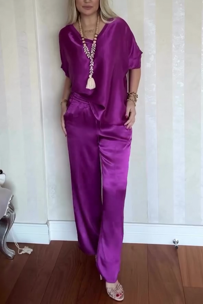 Women's Casual Comfortable V-neck Satin Short-sleeved Two-piece Suit