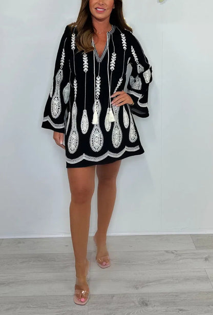 V-Neck Embroidery Tassel Detail Mini Dress