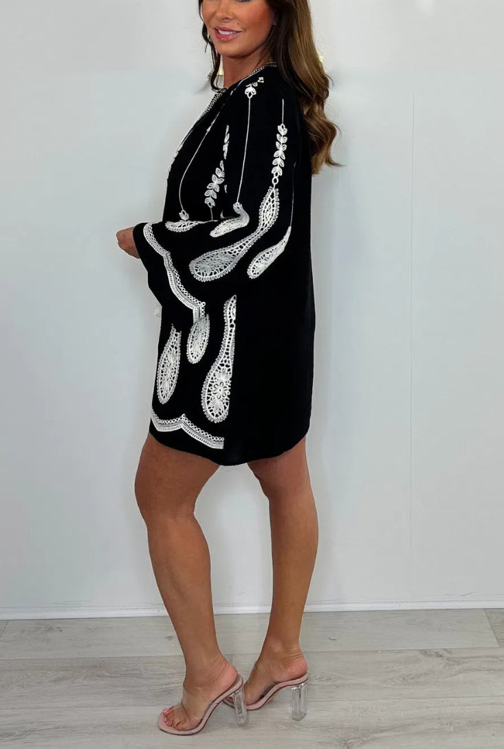 V-Neck Embroidery Tassel Detail Mini Dress