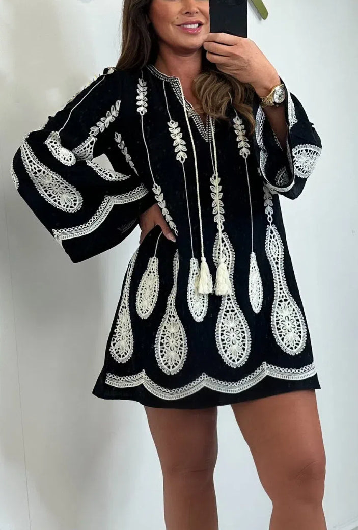 V-Neck Embroidery Tassel Detail Mini Dress