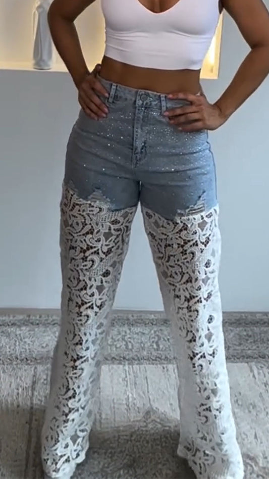 Women's Lace Patchwork Rhinestone Casual Jeans