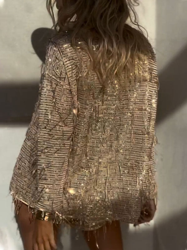 Women's Round Neck Tassel Sequined Casual Suit