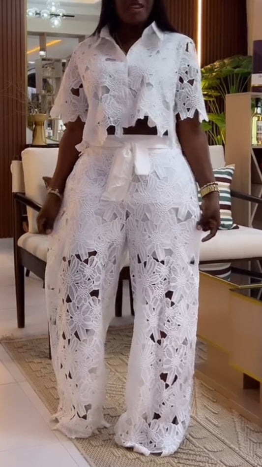 Women's Lapel Top + Trousers Hollow Casual Suit