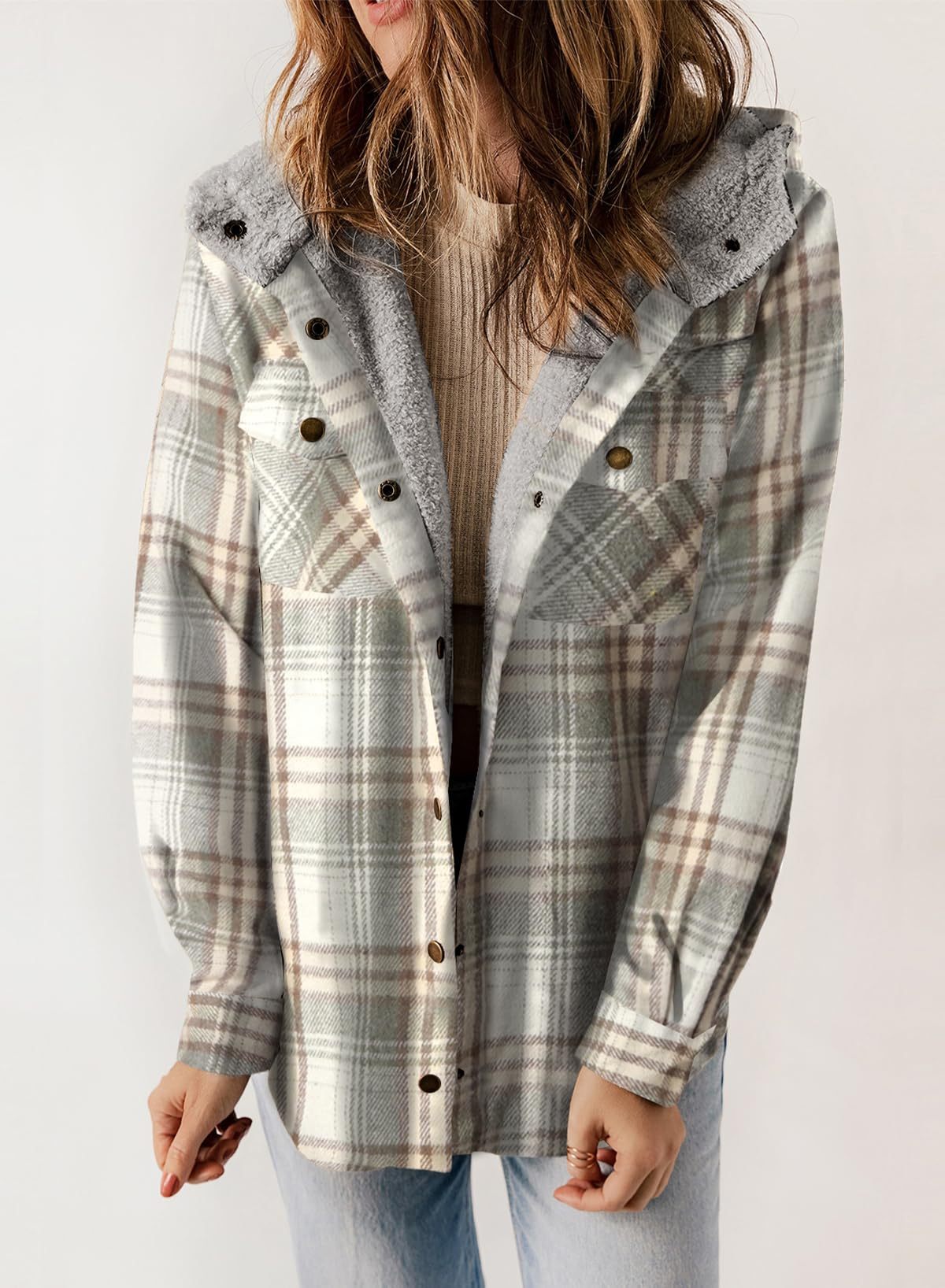 Women's Fall Thickened Flannel Long Sleeve Plaid Jacket Coat with Hood