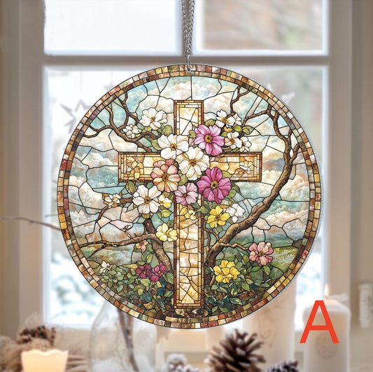 🔥🔥Last Day 50% Off--Cross And Wild Flower Suncatcher Ornament