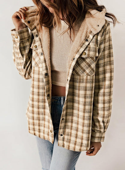 Women's Fall Thickened Flannel Long Sleeve Plaid Jacket Coat with Hood