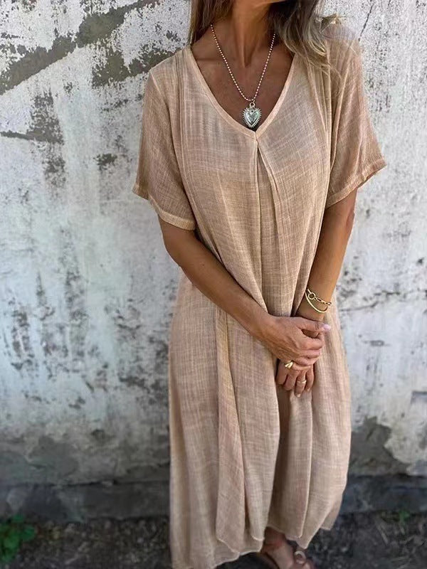 Women's Loose V-neck cotton linen dress