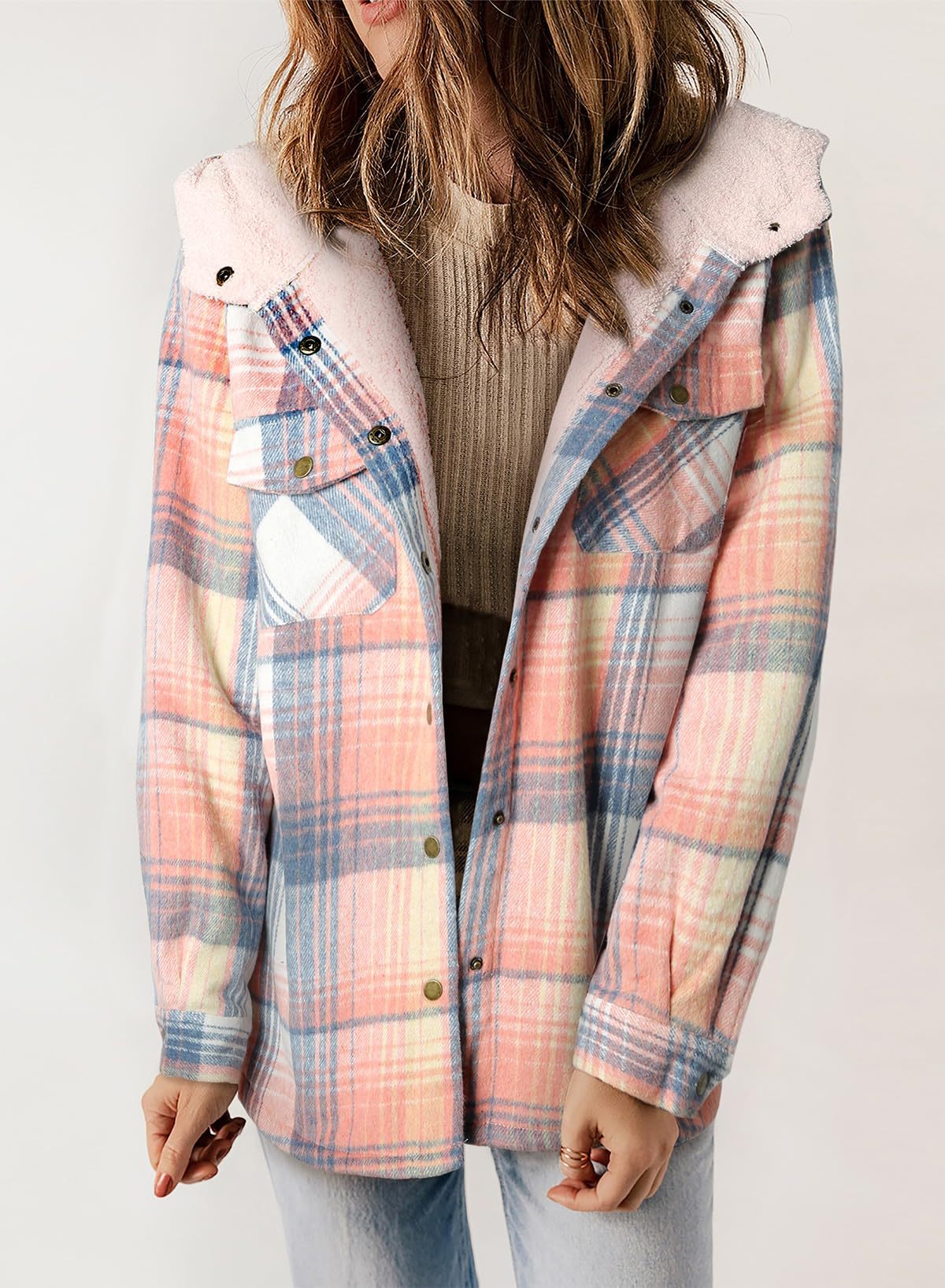 Women's Fall Thickened Flannel Long Sleeve Plaid Jacket Coat with Hood