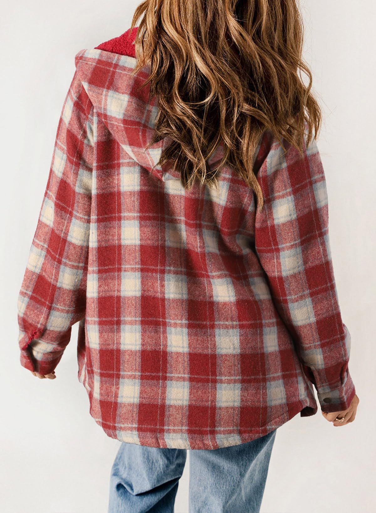 Women's Fall Thickened Flannel Long Sleeve Plaid Jacket Coat with Hood