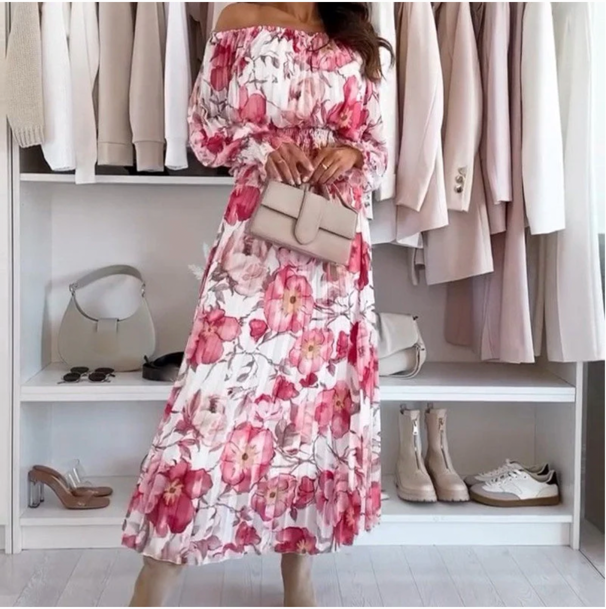 💖Floral Print Off-Shoulder Top &💖 Maxi Skirt Two-Piece Set