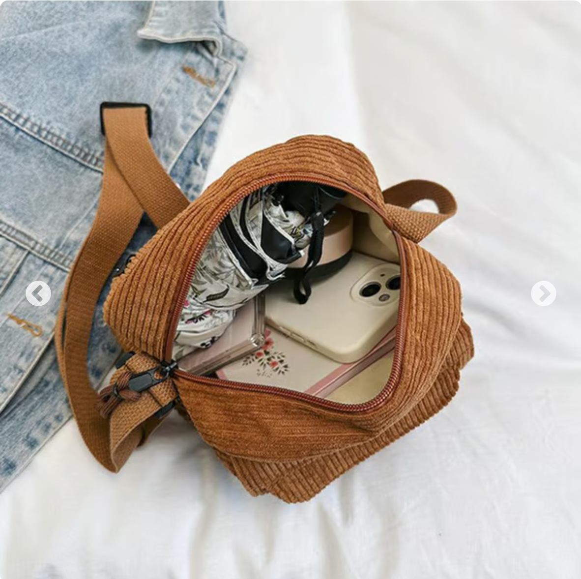 Women's Corduroy Shoulder Bag with Zipper