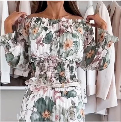 💖Floral Print Off-Shoulder Top &💖 Maxi Skirt Two-Piece Set